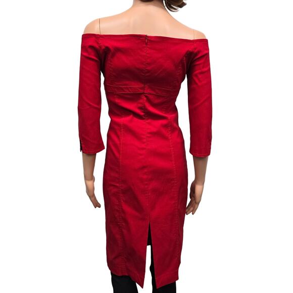 ZARA Red Dress Women M Empire Waist w Belt Buckle On Off Shoulder 3/4 Sleeve - Picture 7 of 13